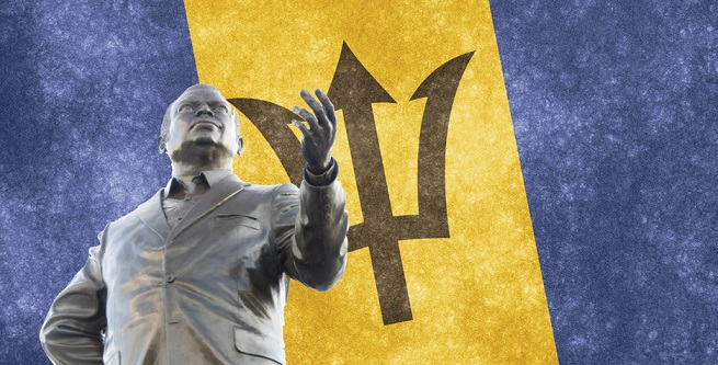 statue in front of Barbados flag
