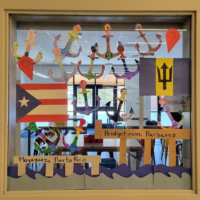 bulletin board with anchors and flags