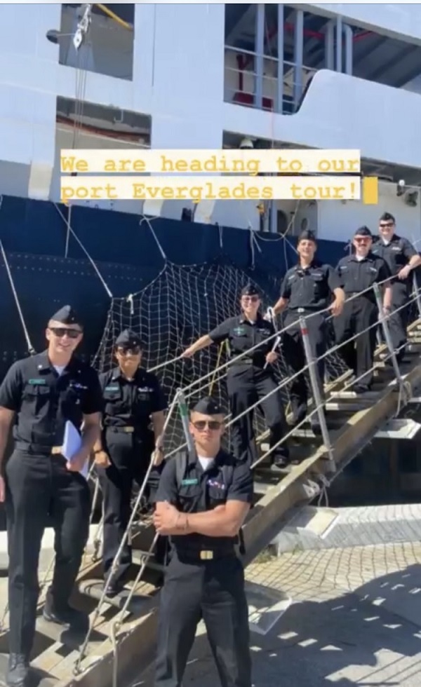 group photos of 8 cadets touring cruise ship and talking to EO