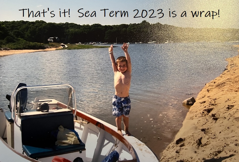 young Nick standing on boat with hands up