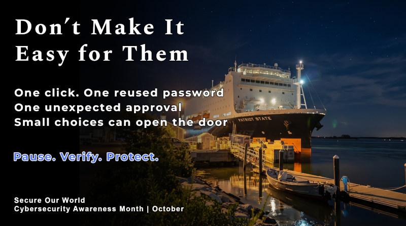cybersecurity message with a night time picture of the Patriot State ship