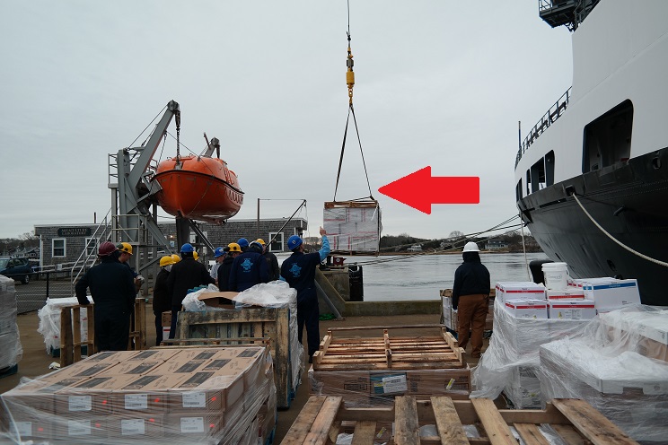 crane lifting pallets to ship