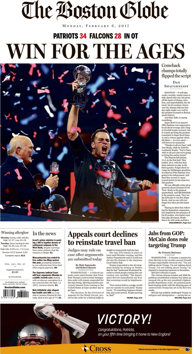 front page announcing super bowl win 2017