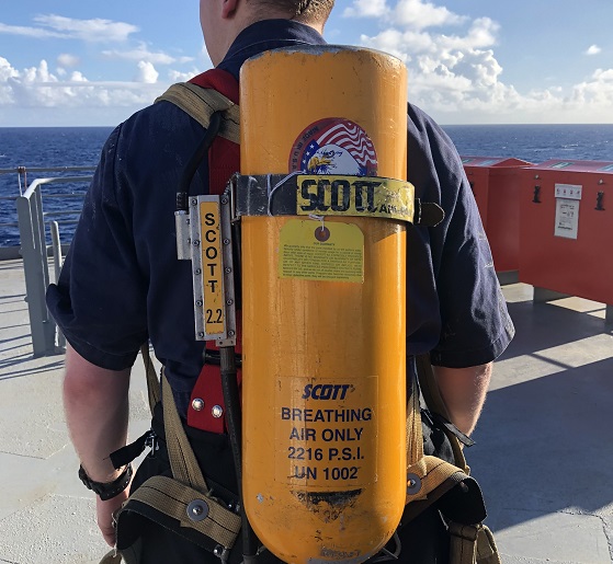 close up of SCBA tank on cadet's back