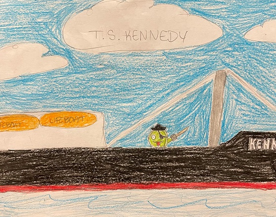 drawing of ship with little buc