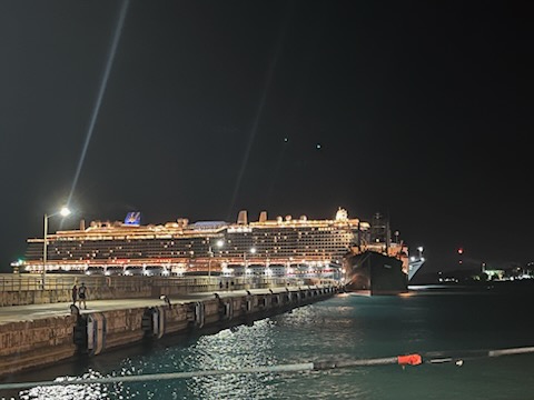 cruise ship at night