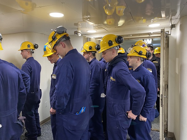 cadets evacuate ship for drill