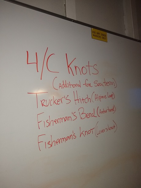 white board with names of four new knots on it
