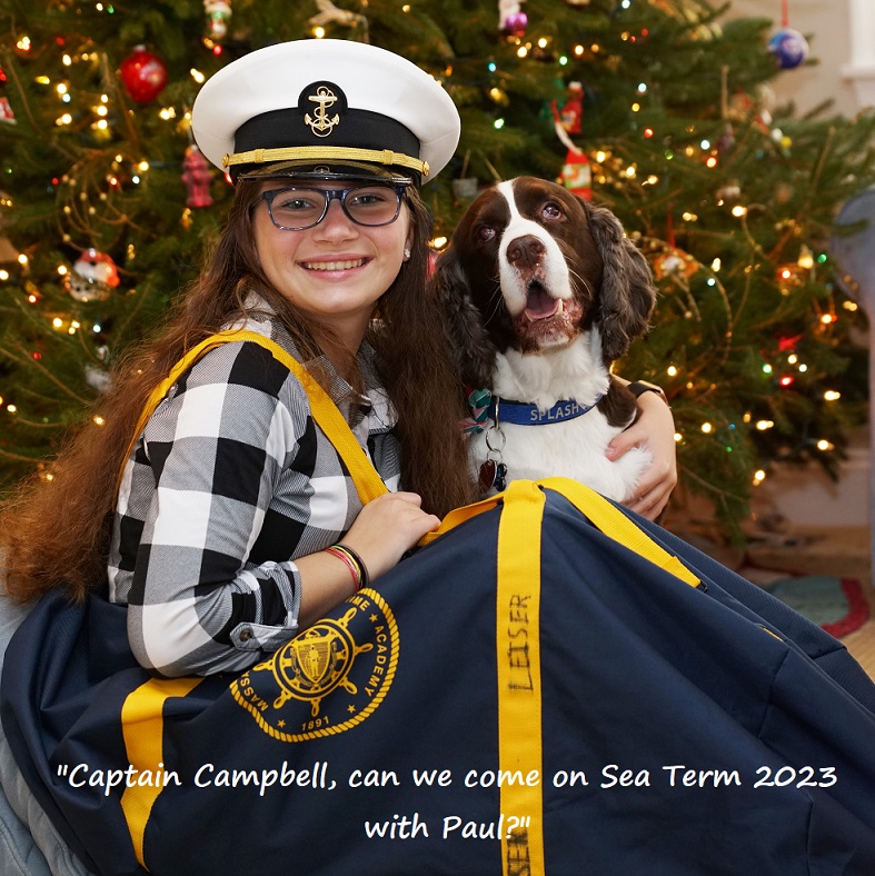 dog and sister in sea bag