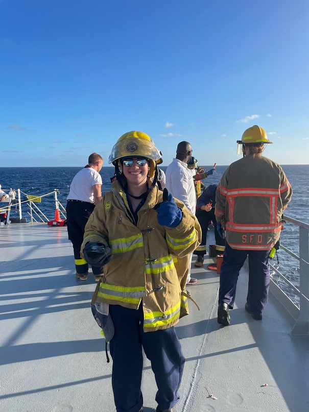 cadets on Helo deck watch pyrotechnics