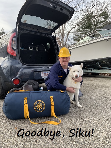 dog with sea bag