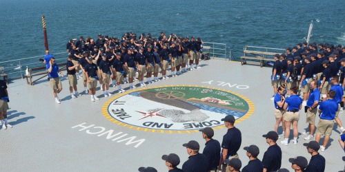 Cadets on the helo deck of the ship on sea term