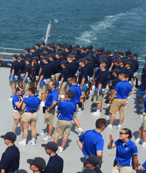Cadets on the helo deck of the ship on sea term